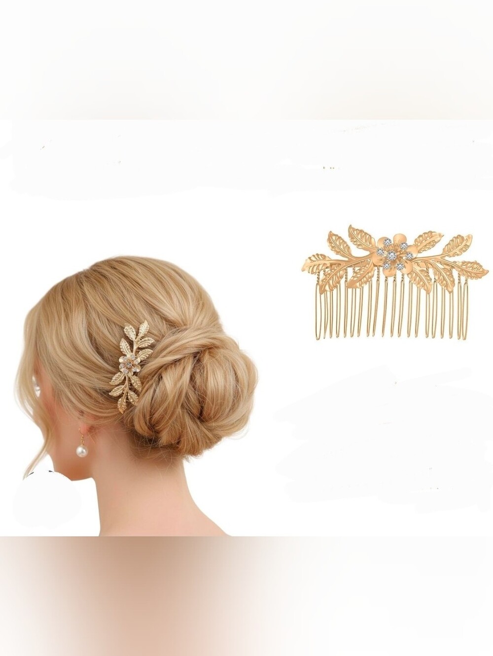 Gold-tone Hair comb-  Rhinestone-Accented Floral Design & Leaf Detail BNIB